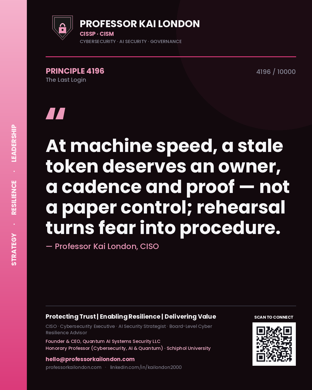 Quote card by Professor Kai London reading 'At machine speed, a stale token deserves an owner, a cadence and proof — not a paper control; rehearsal turns fear into procedure.'. From the book The Last Login.