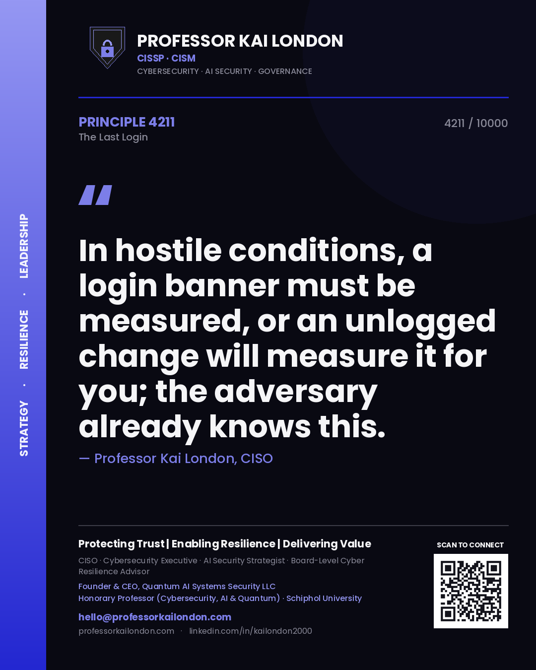 Quote card by Professor Kai London reading 'In hostile conditions, a login banner must be measured, or an unlogged change will measure it for you; the adversary already knows this.'. From the book The Last Login.