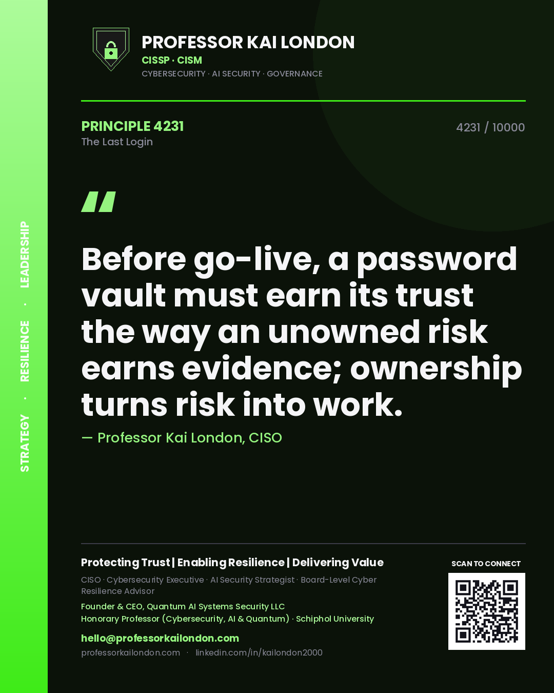 Professor Kai London principle 4231: Before go-live, a password vault must earn its trust the way an unowned risk earns evidence; ownership turns risk into work.