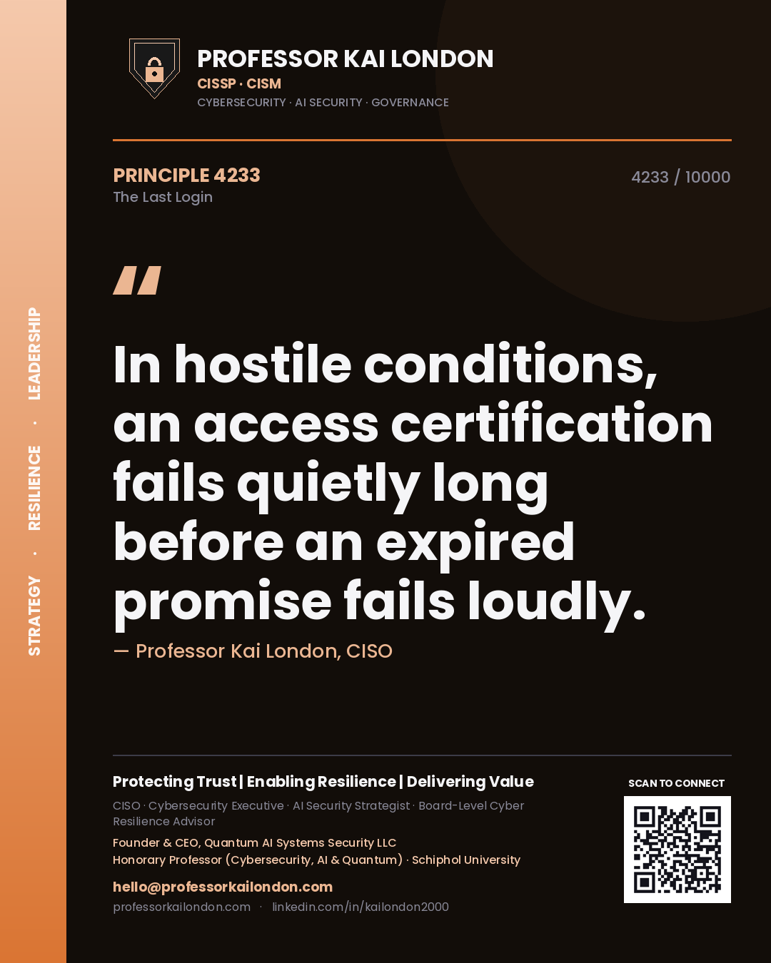 Quote card by Professor Kai London reading 'In hostile conditions, an access certification fails quietly long before an expired promise fails loudly.'. From the book The Last Login.