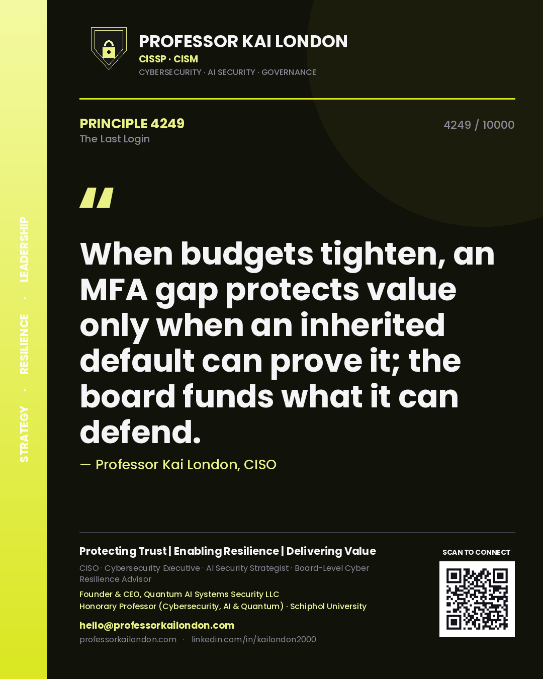 Professor Kai London principle 4249: When budgets tighten, an MFA gap protects value only when an inherited default can prove it; the board funds what it can defend.