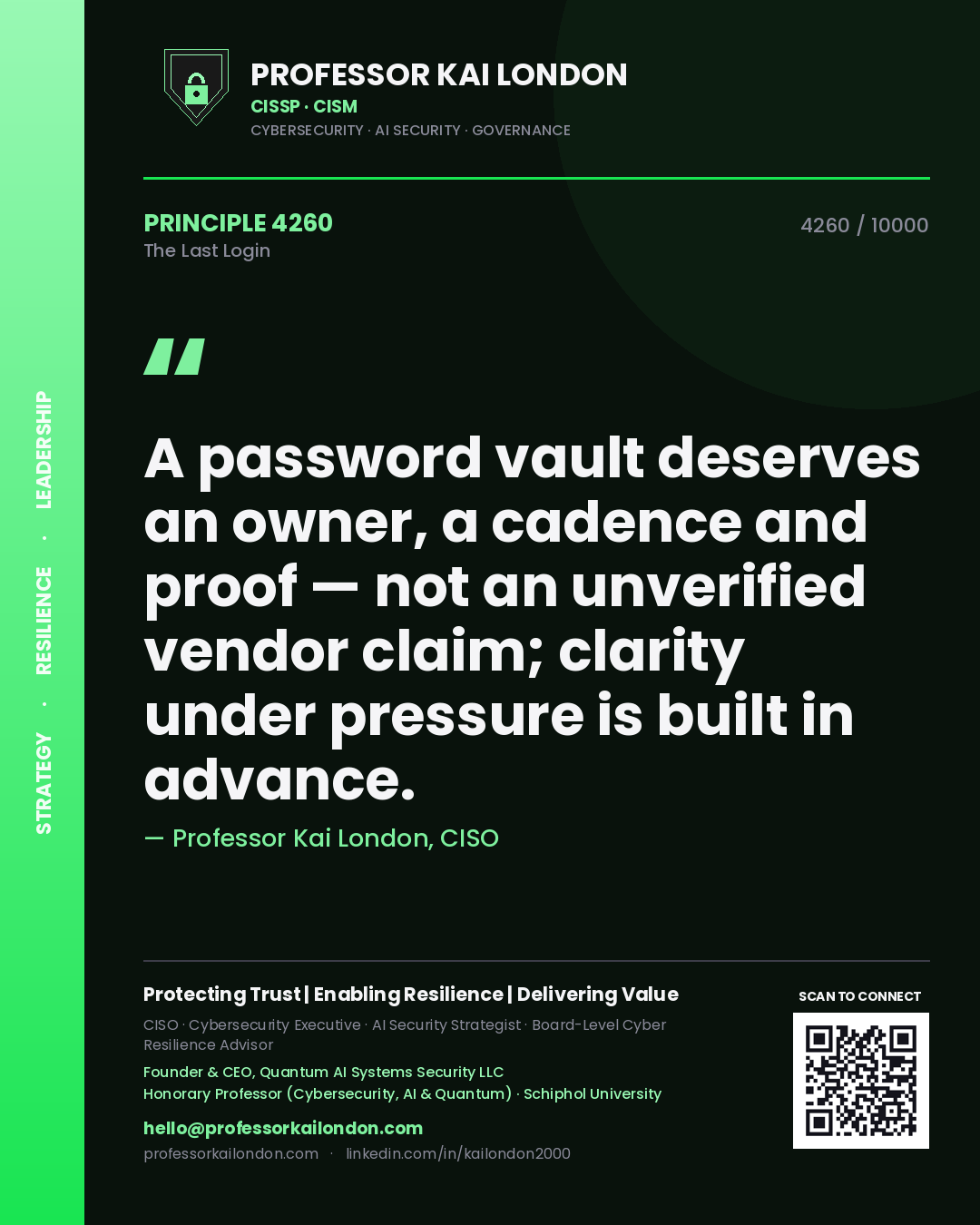 Professor Kai London principle 4260: A password vault deserves an owner, a cadence and proof — not an unverified vendor claim; clarity under pressure is built in advance.