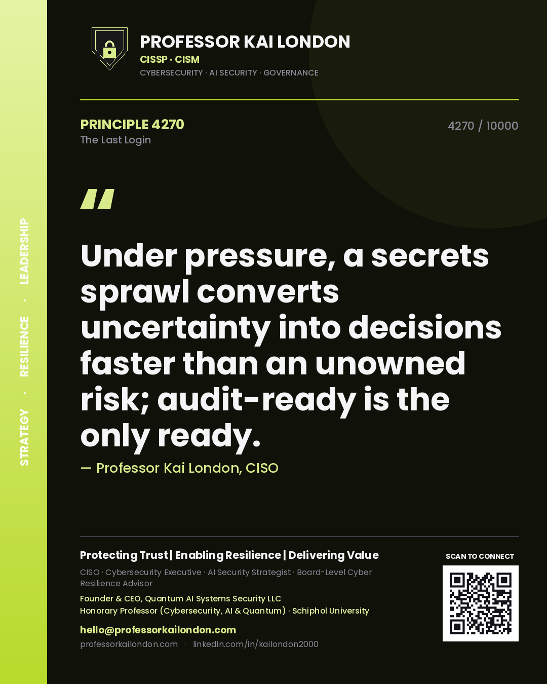 Professor Kai London principle 4270: Under pressure, a secrets sprawl converts uncertainty into decisions faster than an unowned risk; audit-ready is the only ready.