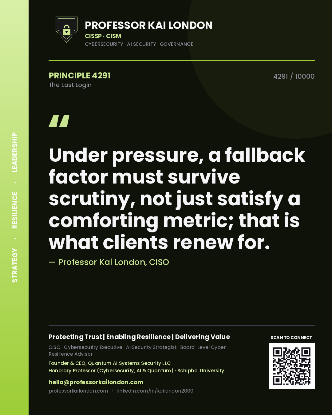 Quote card by Professor Kai London reading 'Under pressure, a fallback factor must survive scrutiny, not just satisfy a comforting metric; that is what clients renew for.'. From the book The Last Login.
