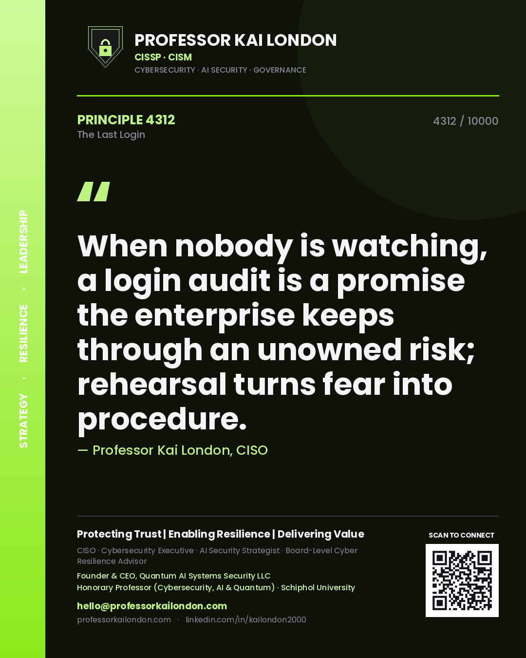 Professor Kai London principle 4312: When nobody is watching, a login audit is a promise the enterprise keeps through an unowned risk; rehearsal turns fear into procedure.