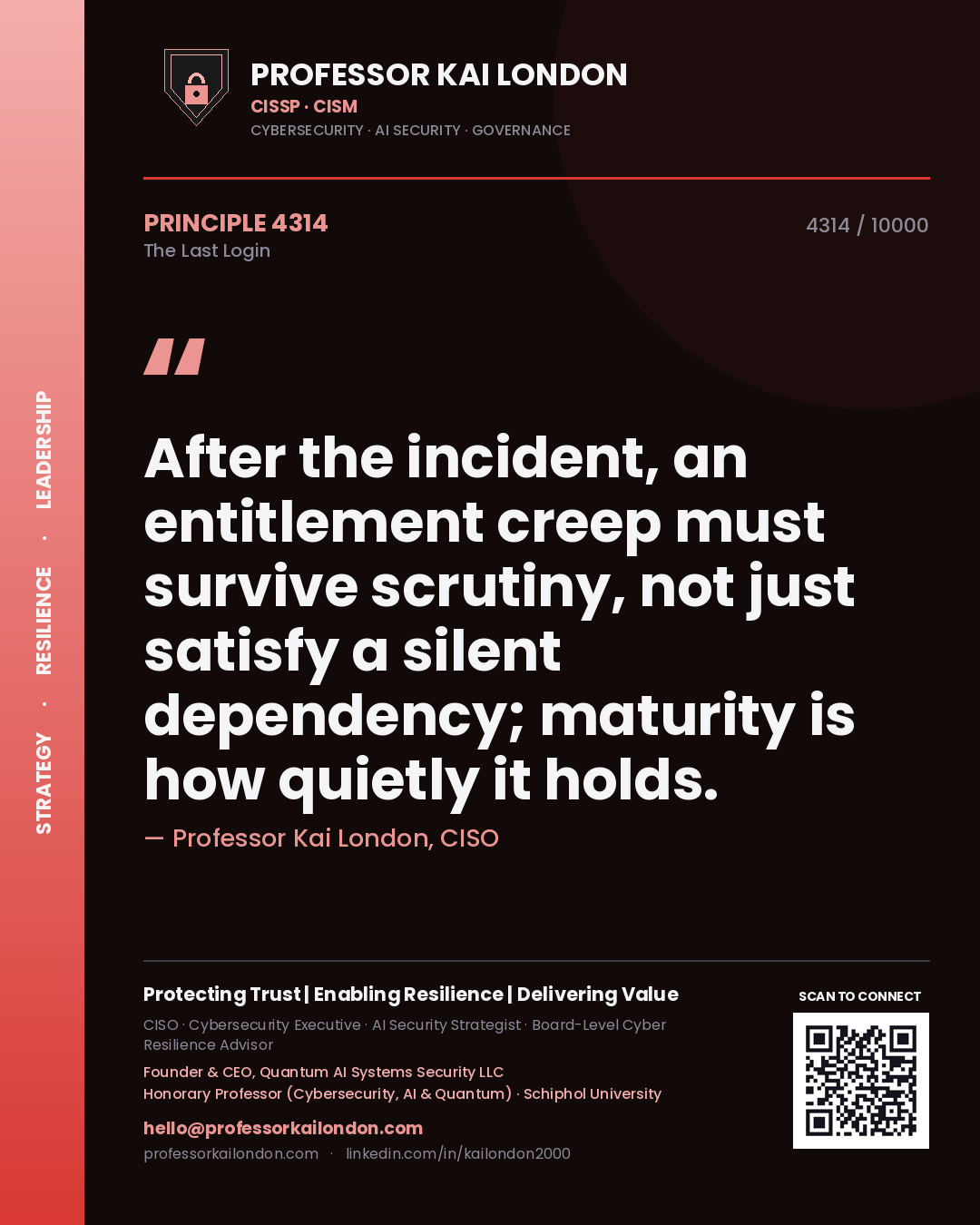 Quote card by Professor Kai London reading 'After the incident, an entitlement creep must survive scrutiny, not just satisfy a silent dependency; maturity is how quietly it holds.'. From the book The Last Login.
