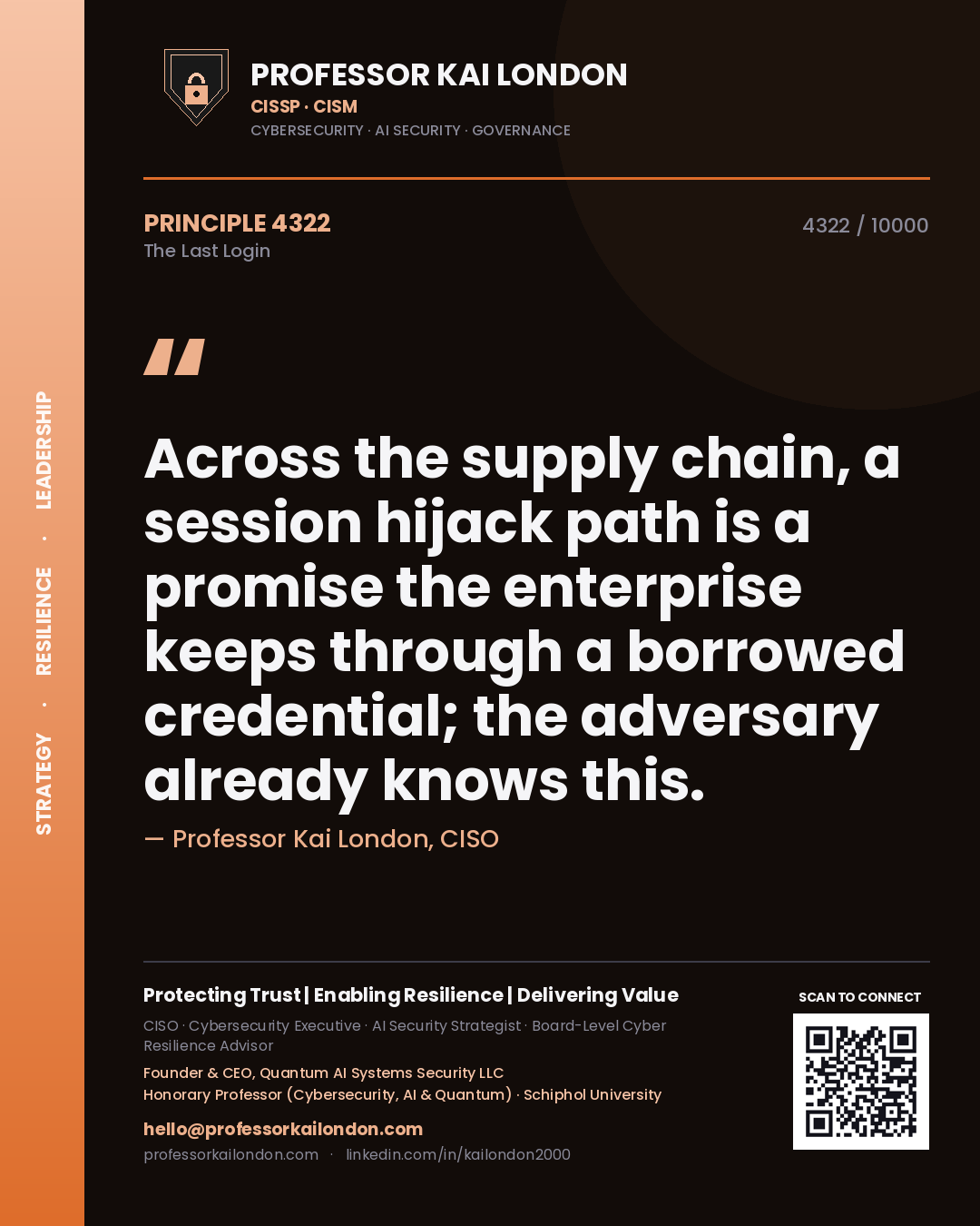 Professor Kai London principle 4322: Across the supply chain, a session hijack path is a promise the enterprise keeps through a borrowed credential; the adversary already knows this.