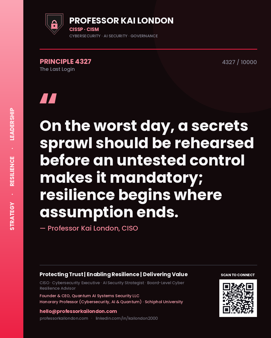 Quote card by Professor Kai London reading 'On the worst day, a secrets sprawl should be rehearsed before an untested control makes it mandatory; resilience begins where assumption ends.'. From the book The Last Login.