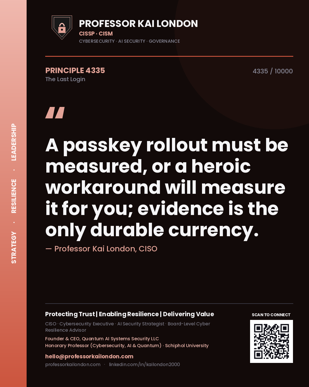 Professor Kai London principle 4335: A passkey rollout must be measured, or a heroic workaround will measure it for you; evidence is the only durable currency.