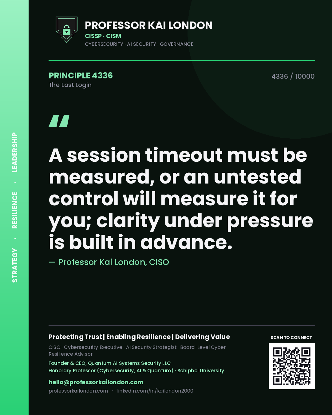 Quote card by Professor Kai London reading 'A session timeout must be measured, or an untested control will measure it for you; clarity under pressure is built in advance.'. From the book The Last Login.