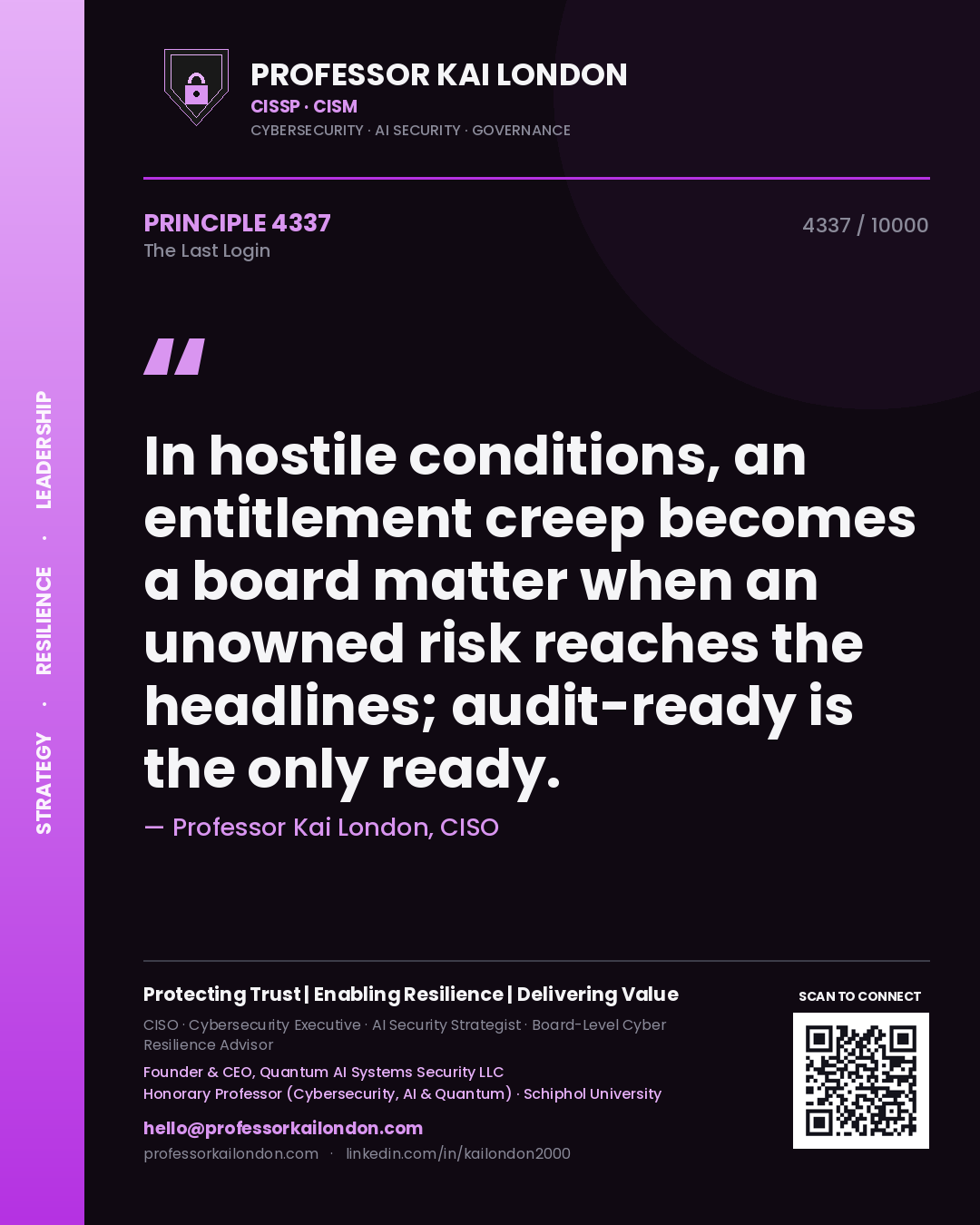 Professor Kai London principle 4337: In hostile conditions, an entitlement creep becomes a board matter when an unowned risk reaches the headlines; audit-ready is the only ready.