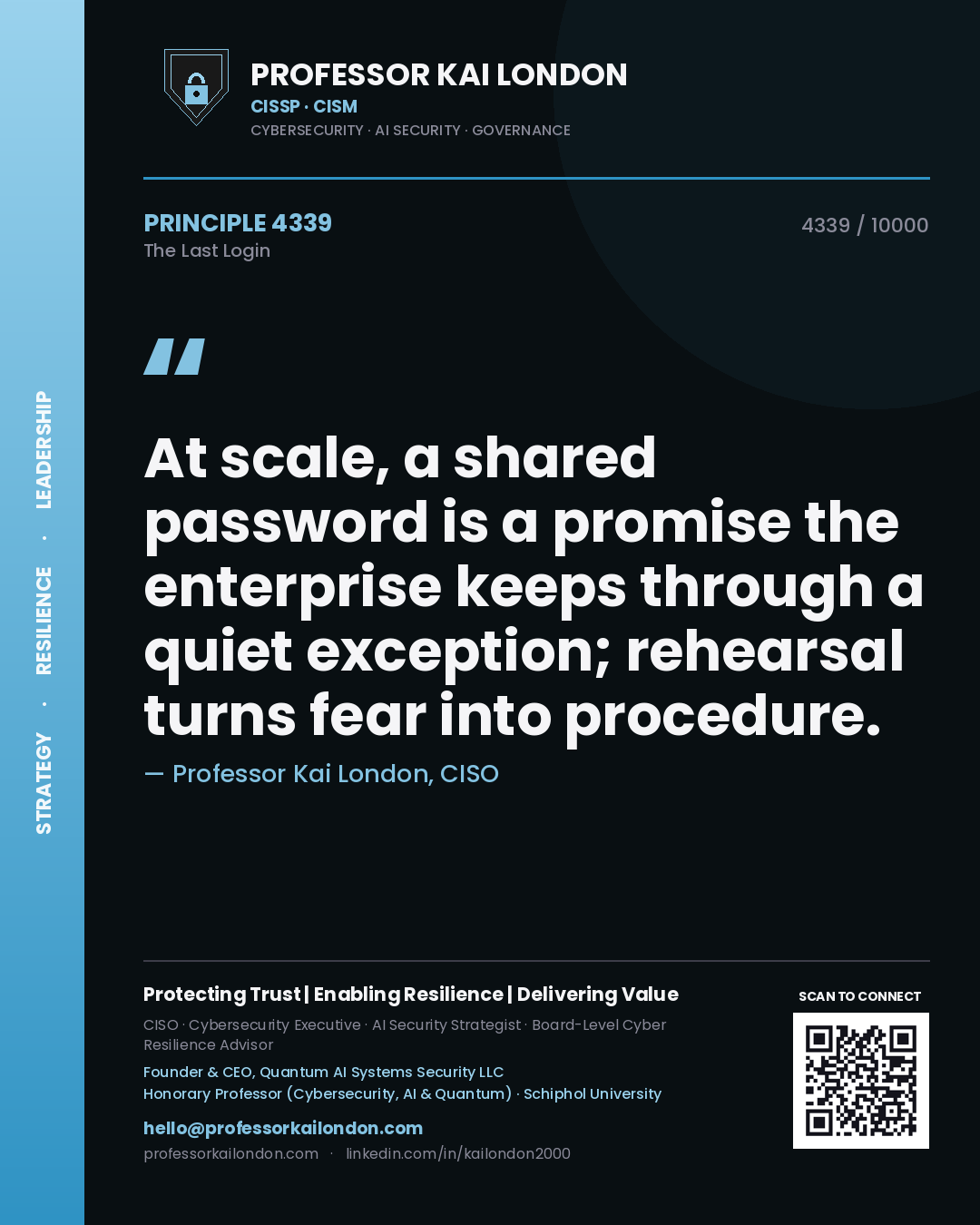 Professor Kai London principle 4339: At scale, a shared password is a promise the enterprise keeps through a quiet exception; rehearsal turns fear into procedure.