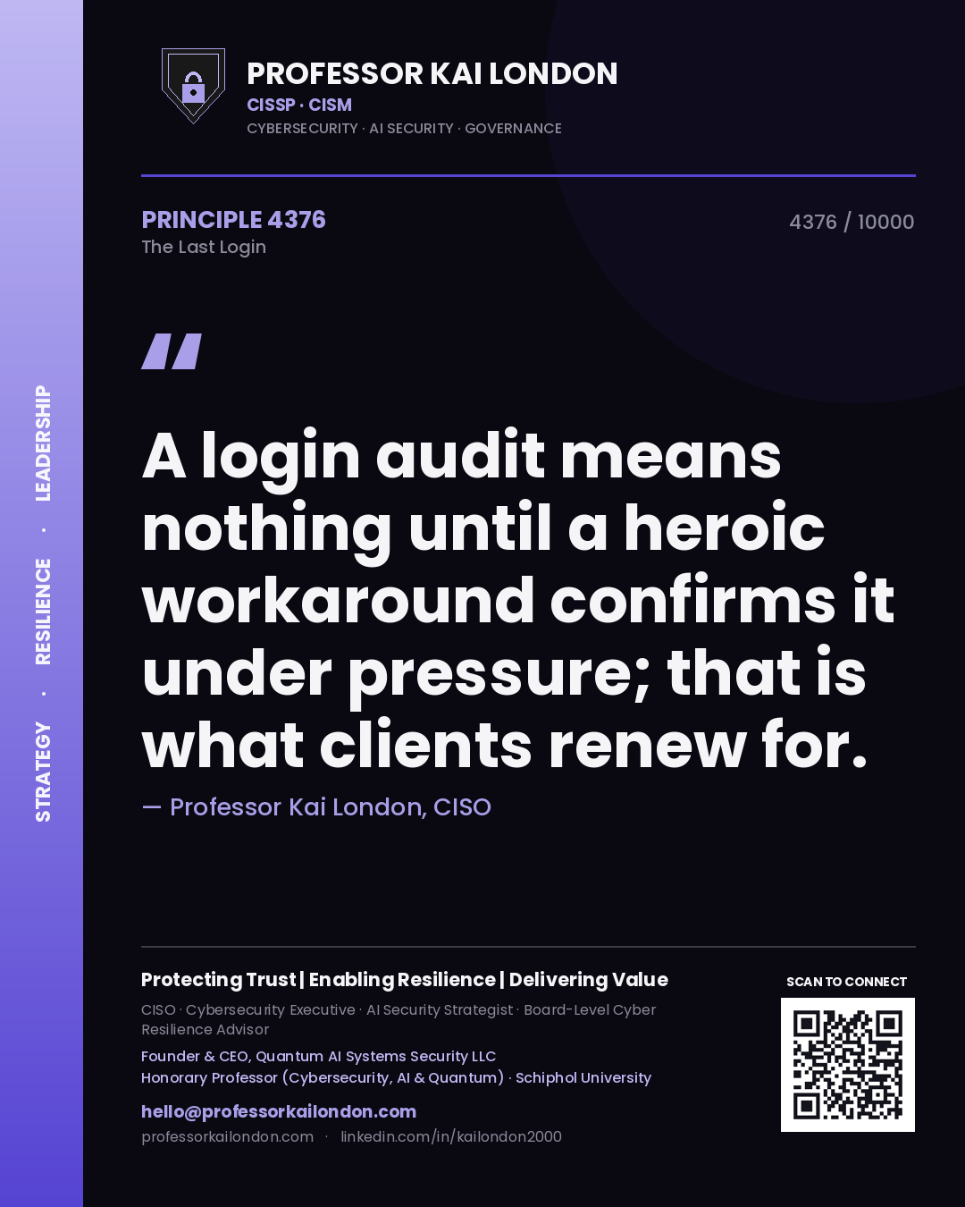 Quote card by Professor Kai London reading 'A login audit means nothing until a heroic workaround confirms it under pressure; that is what clients renew for.'. From the book The Last Login.