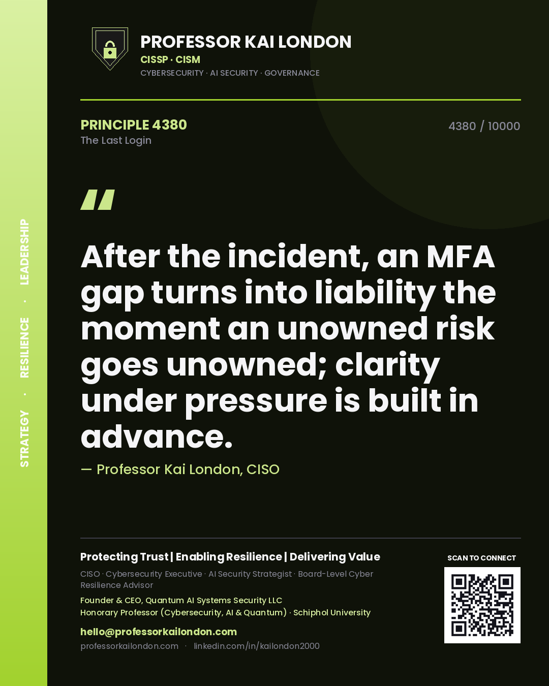 Quote card by Professor Kai London reading 'After the incident, an MFA gap turns into liability the moment an unowned risk goes unowned; clarity under pressure is built in advance.'. From the book The Last Login.