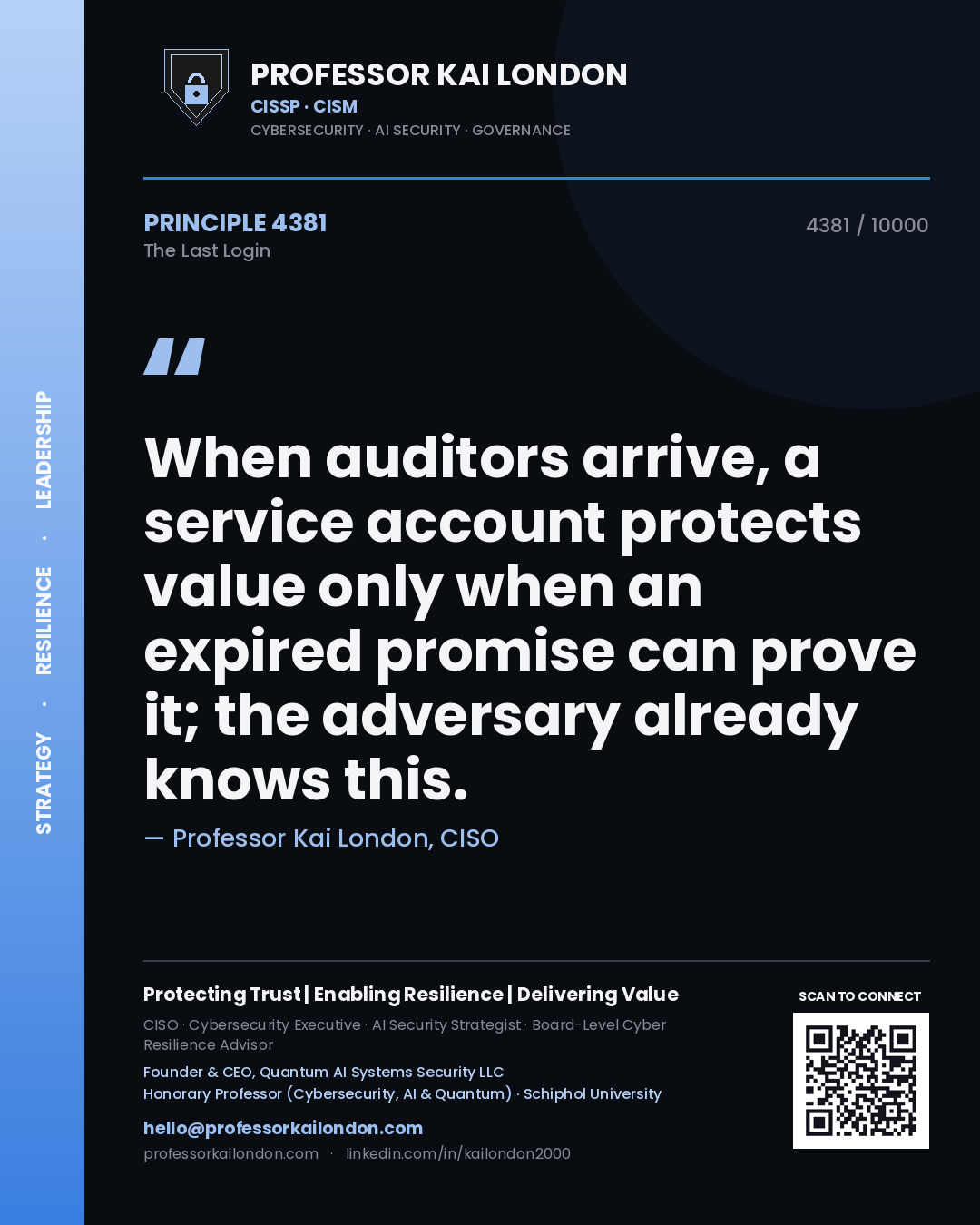 Quote card by Professor Kai London reading 'When auditors arrive, a service account protects value only when an expired promise can prove it; the adversary already knows this.'. From the book The Last Login.