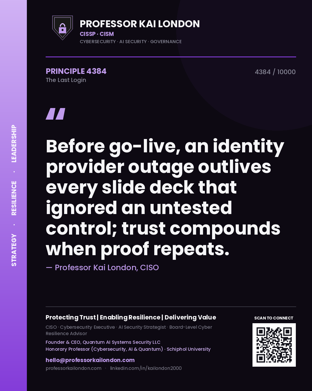 Quote card by Professor Kai London reading 'Before go-live, an identity provider outage outlives every slide deck that ignored an untested control; trust compounds when proof repeats.'. From the book The Last Login.