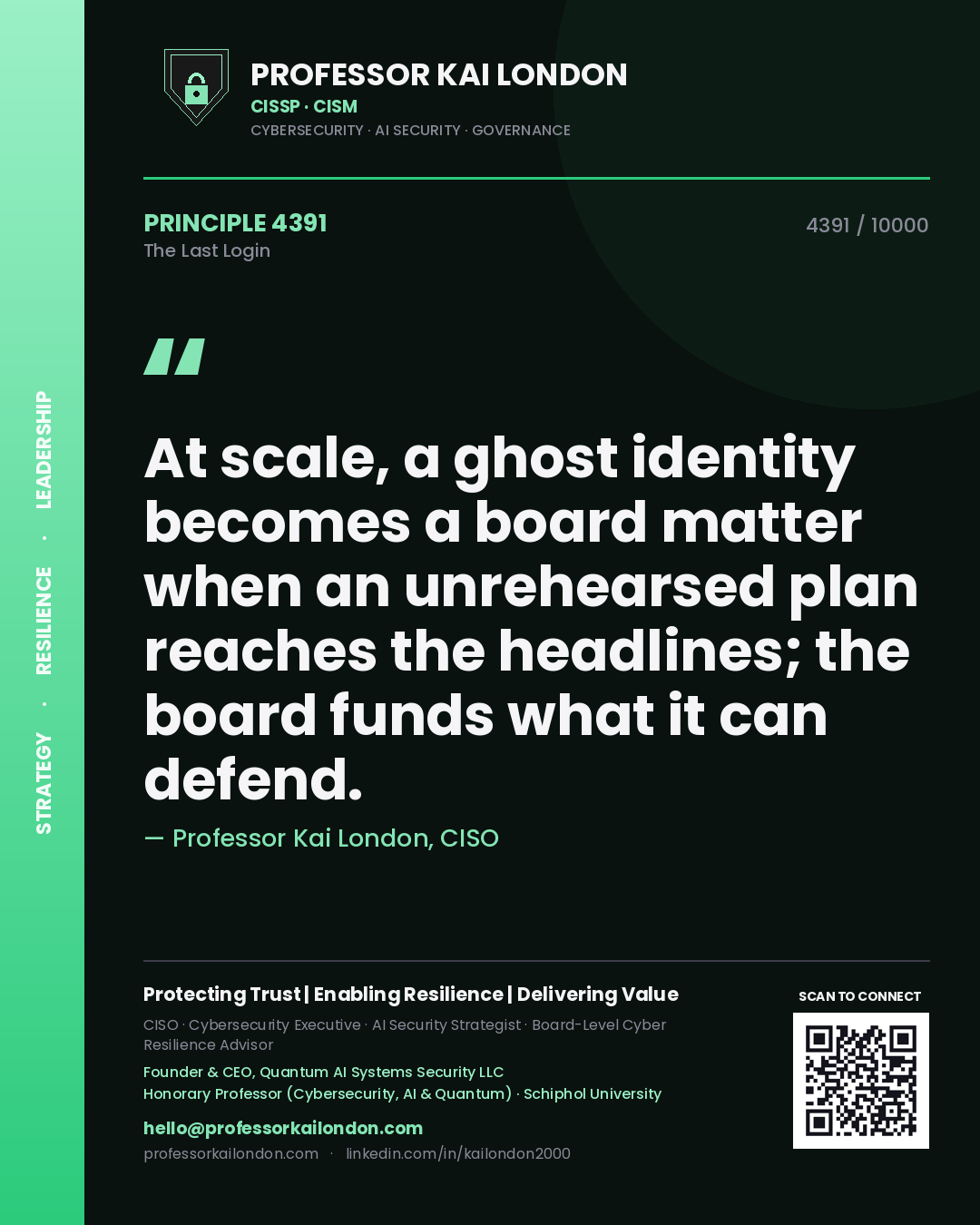 Professor Kai London principle 4391: At scale, a ghost identity becomes a board matter when an unrehearsed plan reaches the headlines; the board funds what it can defend.