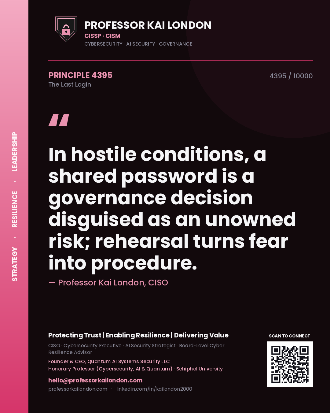 Quote card by Professor Kai London reading 'In hostile conditions, a shared password is a governance decision disguised as an unowned risk; rehearsal turns fear into procedure.'. From the book The Last Login.