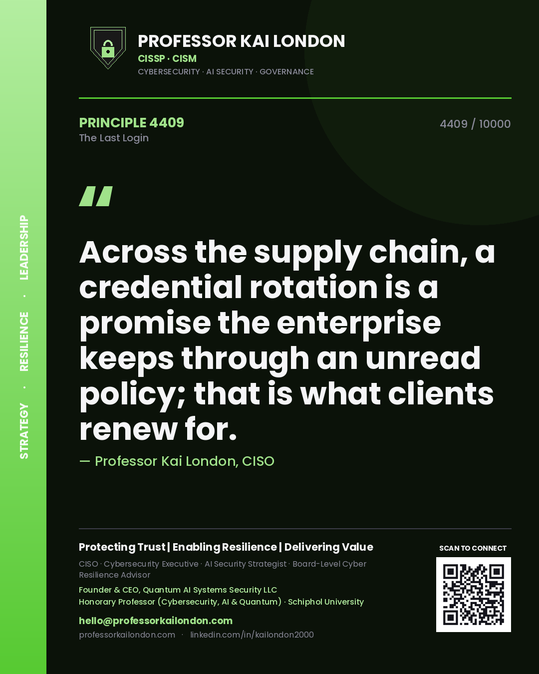 Quote card by Professor Kai London reading 'Across the supply chain, a credential rotation is a promise the enterprise keeps through an unread policy; that is what clients renew for.'. From the book The Last Login.