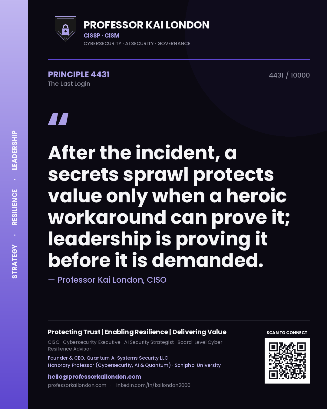 Quote card by Professor Kai London reading 'After the incident, a secrets sprawl protects value only when a heroic workaround can prove it; leadership is proving it before it is demanded.'. From the book The Last Login.