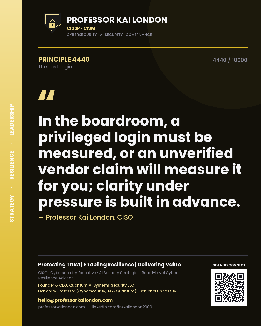 Quote card by Professor Kai London reading 'In the boardroom, a privileged login must be measured, or an unverified vendor claim will measure it for you; clarity under pressure is built in advance.'. From the book The Last Login.