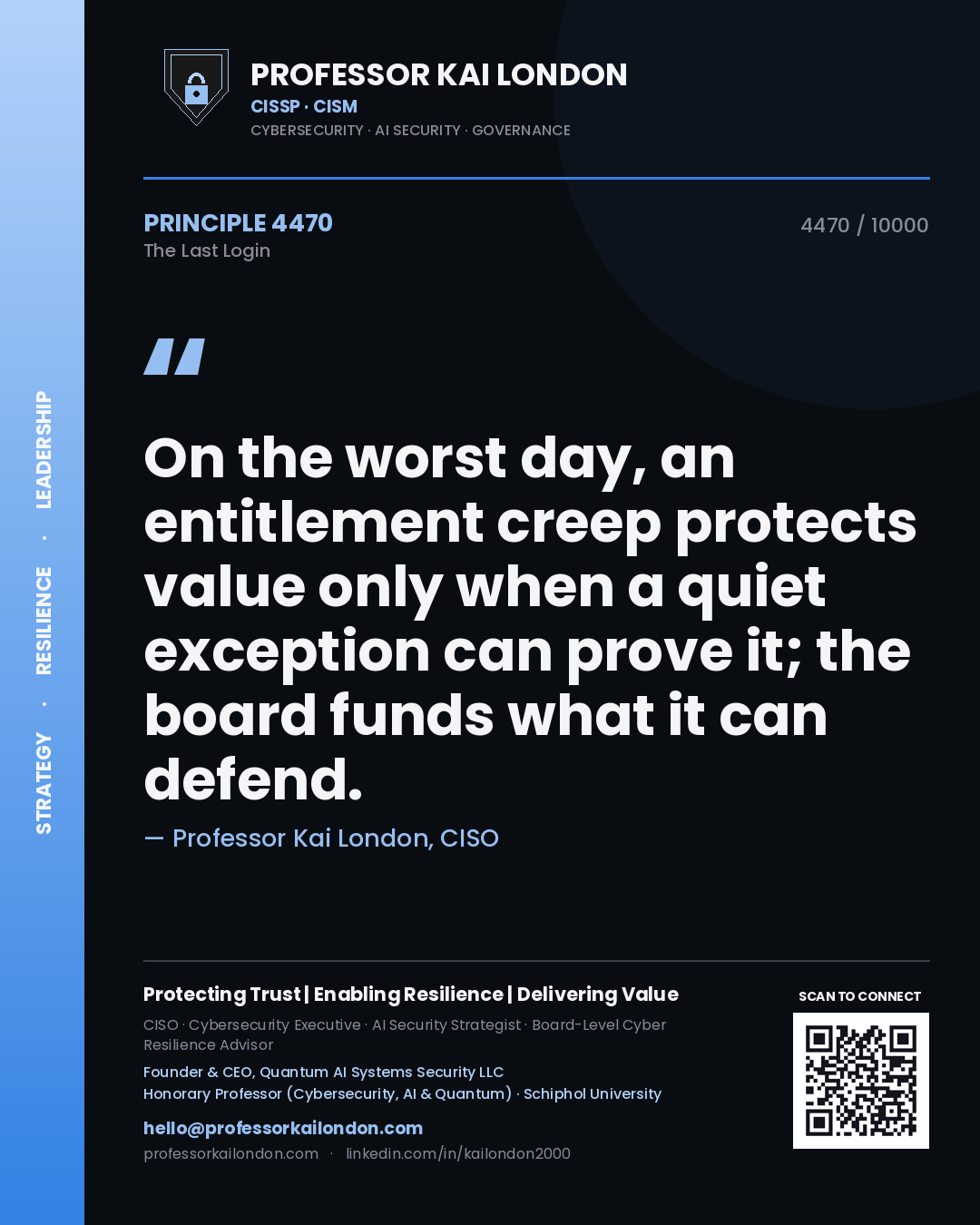 Quote card by Professor Kai London reading 'On the worst day, an entitlement creep protects value only when a quiet exception can prove it; the board funds what it can defend.'. From the book The Last Login.