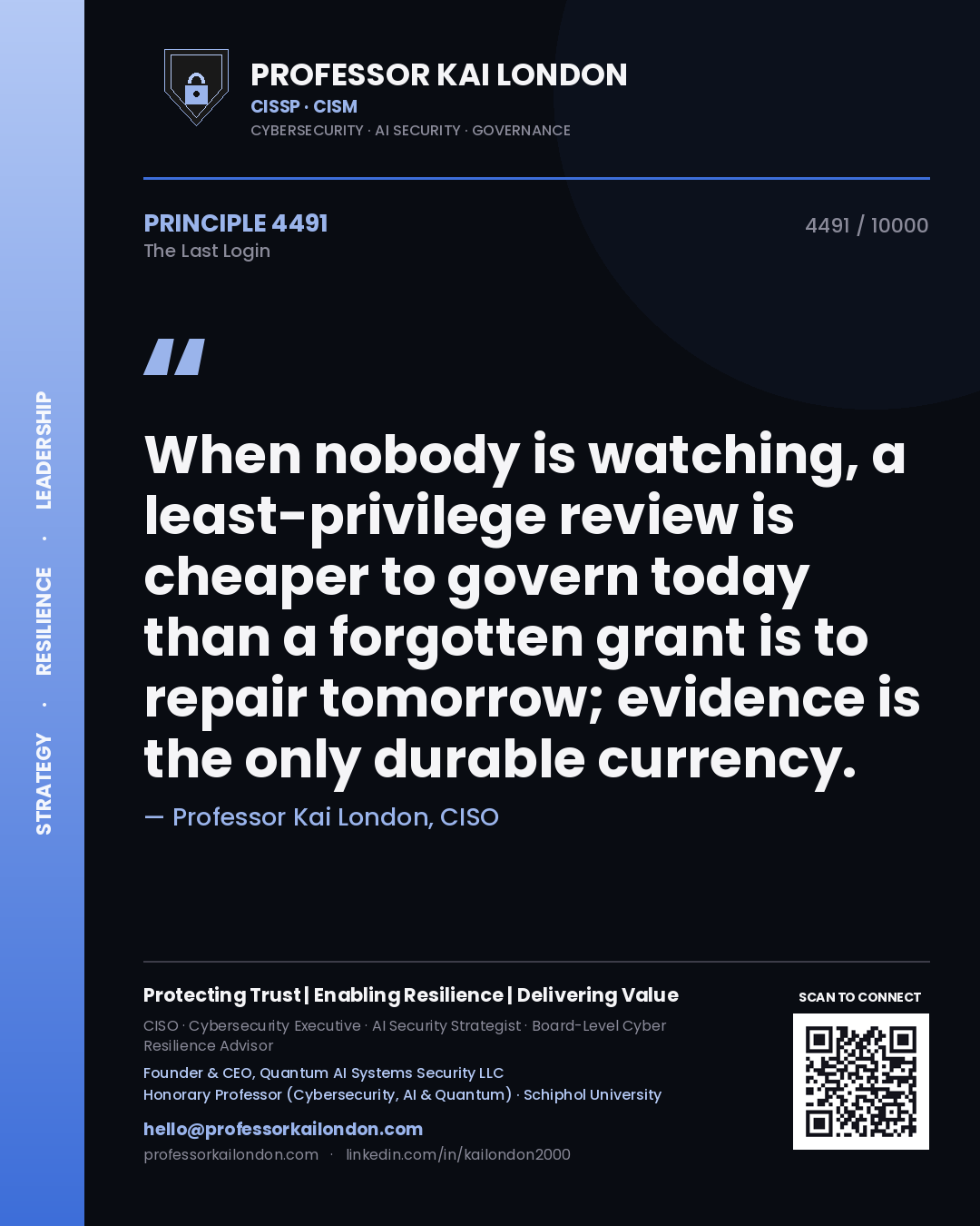 Quote card by Professor Kai London reading 'When nobody is watching, a least-privilege review is cheaper to govern today than a forgotten grant is to repair tomorrow; evidence is the only durable currency.'. From the book The Last Login.