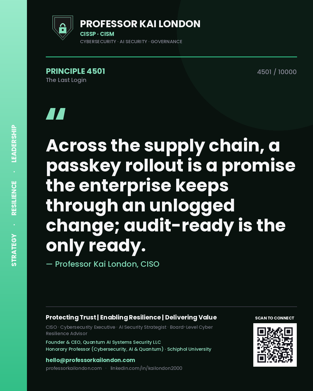 Quote card by Professor Kai London reading 'Across the supply chain, a passkey rollout is a promise the enterprise keeps through an unlogged change; audit-ready is the only ready.'. From the book The Last Login.