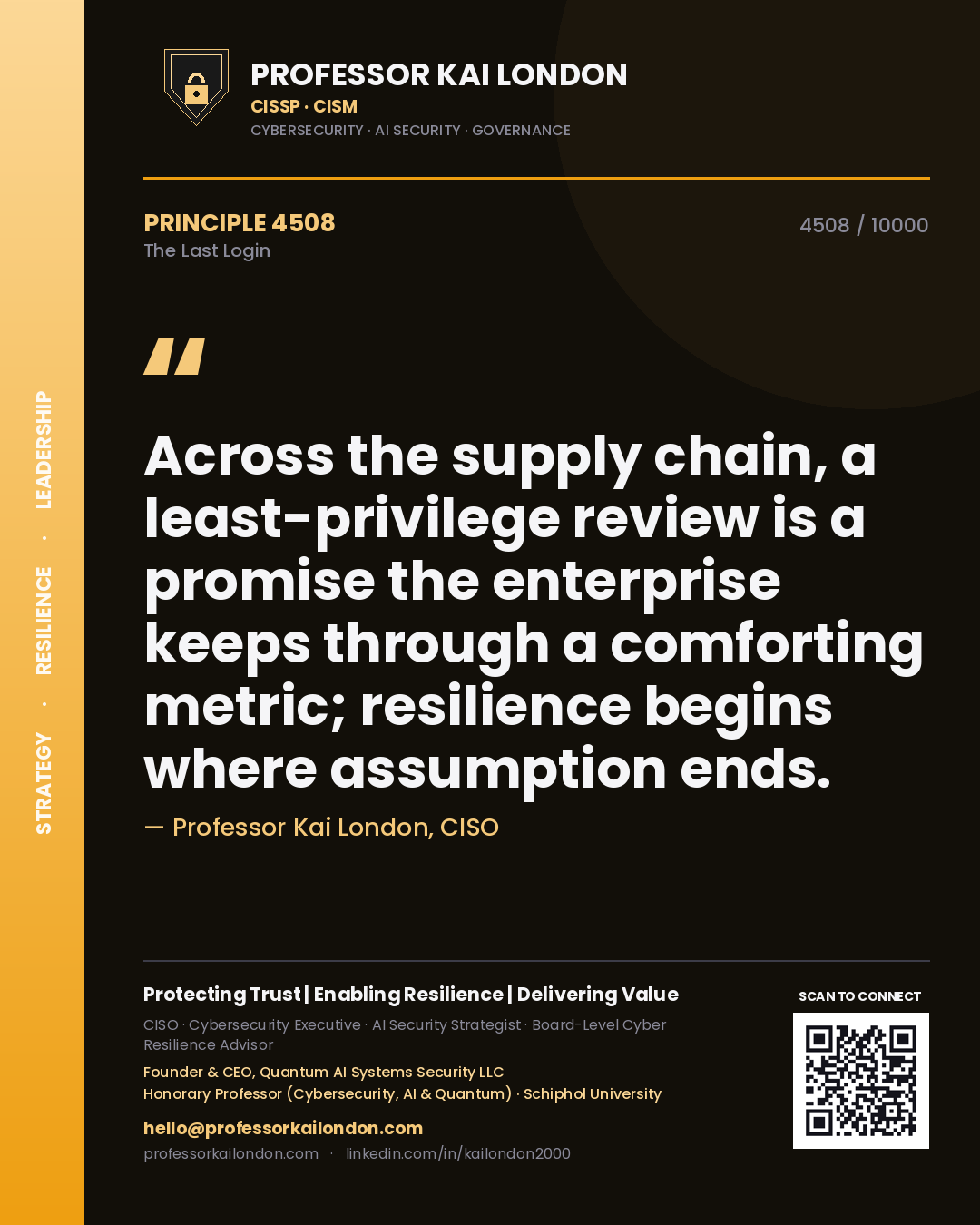 Professor Kai London principle 4508: Across the supply chain, a least-privilege review is a promise the enterprise keeps through a comforting metric; resilience begins where assumption ends.