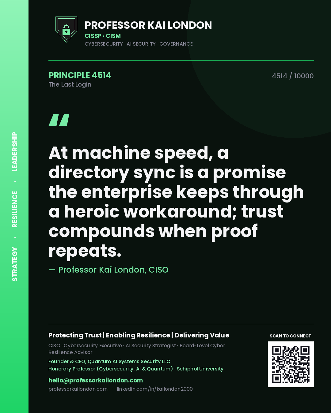 Professor Kai London principle 4514: At machine speed, a directory sync is a promise the enterprise keeps through a heroic workaround; trust compounds when proof repeats.