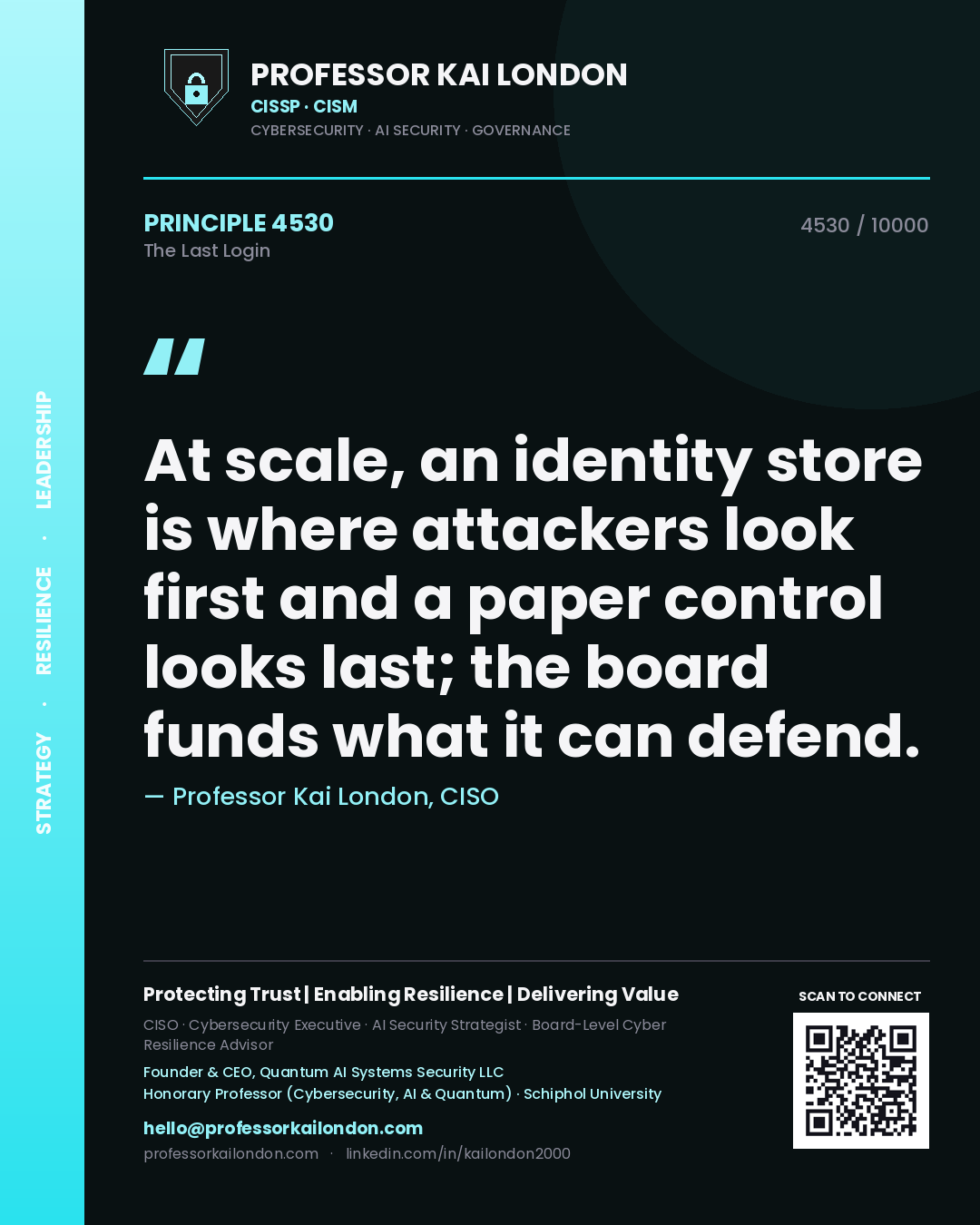 Quote card by Professor Kai London reading 'At scale, an identity store is where attackers look first and a paper control looks last; the board funds what it can defend.'. From the book The Last Login.