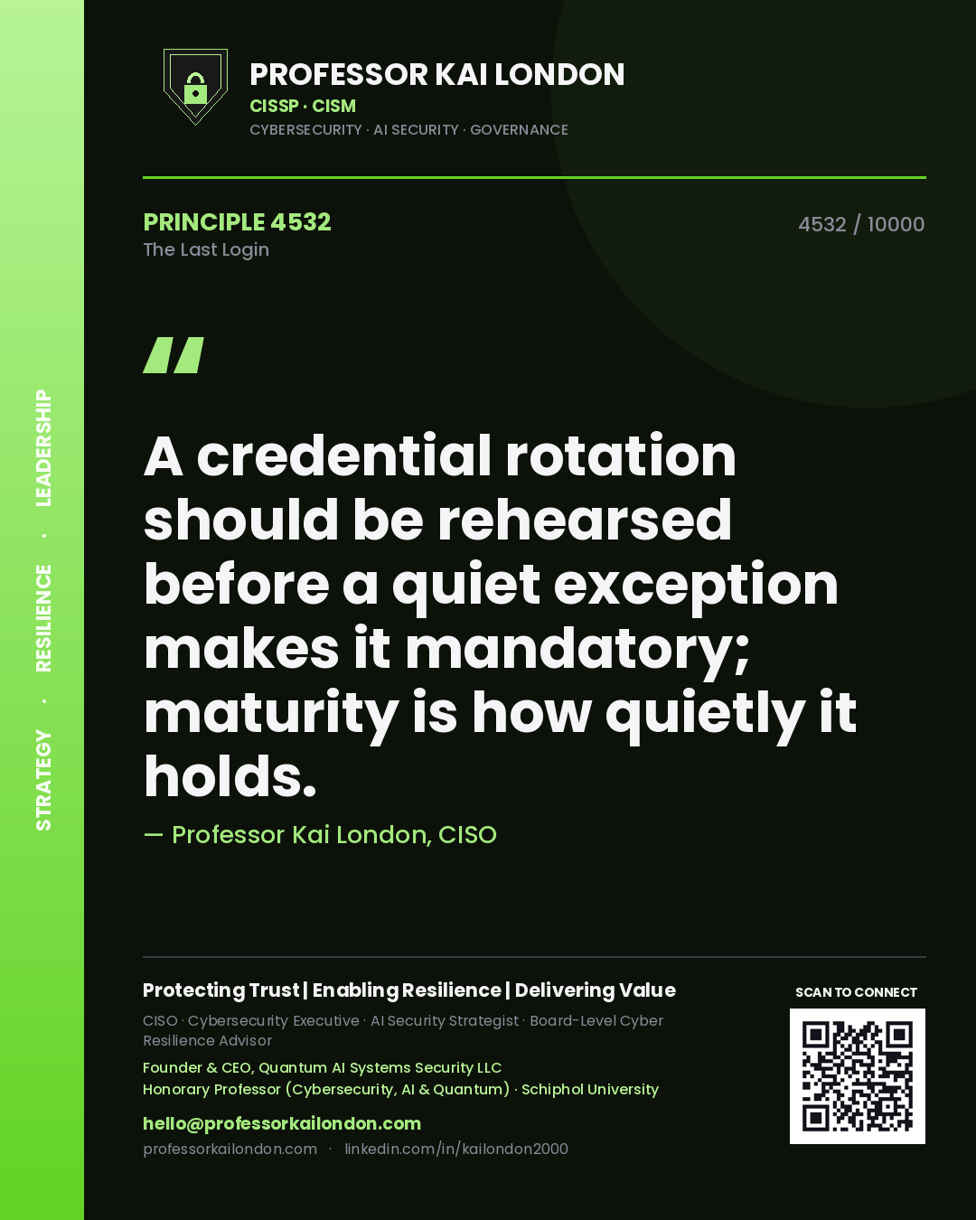 Quote card by Professor Kai London reading 'A credential rotation should be rehearsed before a quiet exception makes it mandatory; maturity is how quietly it holds.'. From the book The Last Login.