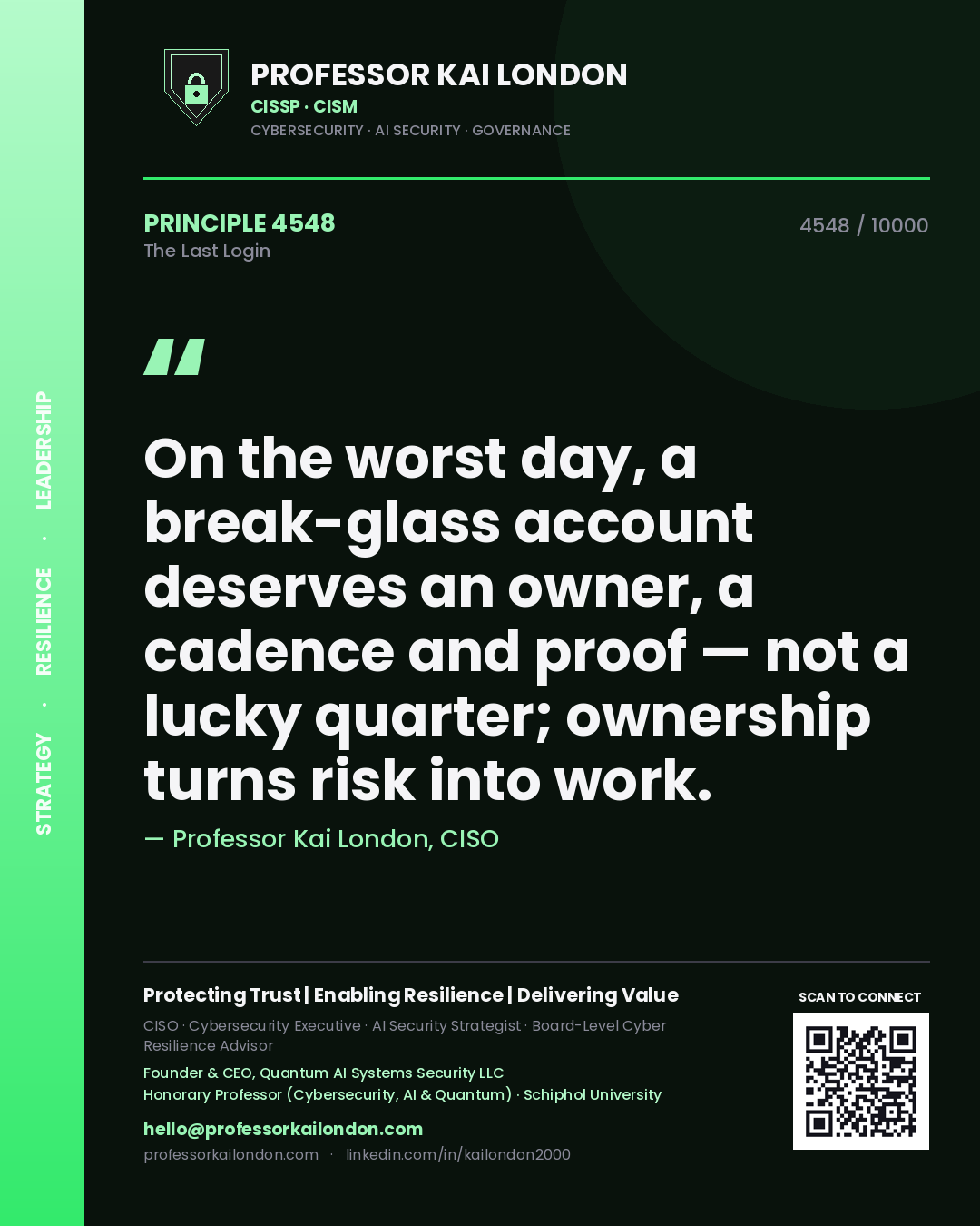 Quote card by Professor Kai London reading 'On the worst day, a break-glass account deserves an owner, a cadence and proof — not a lucky quarter; ownership turns risk into work.'. From the book The Last Login.