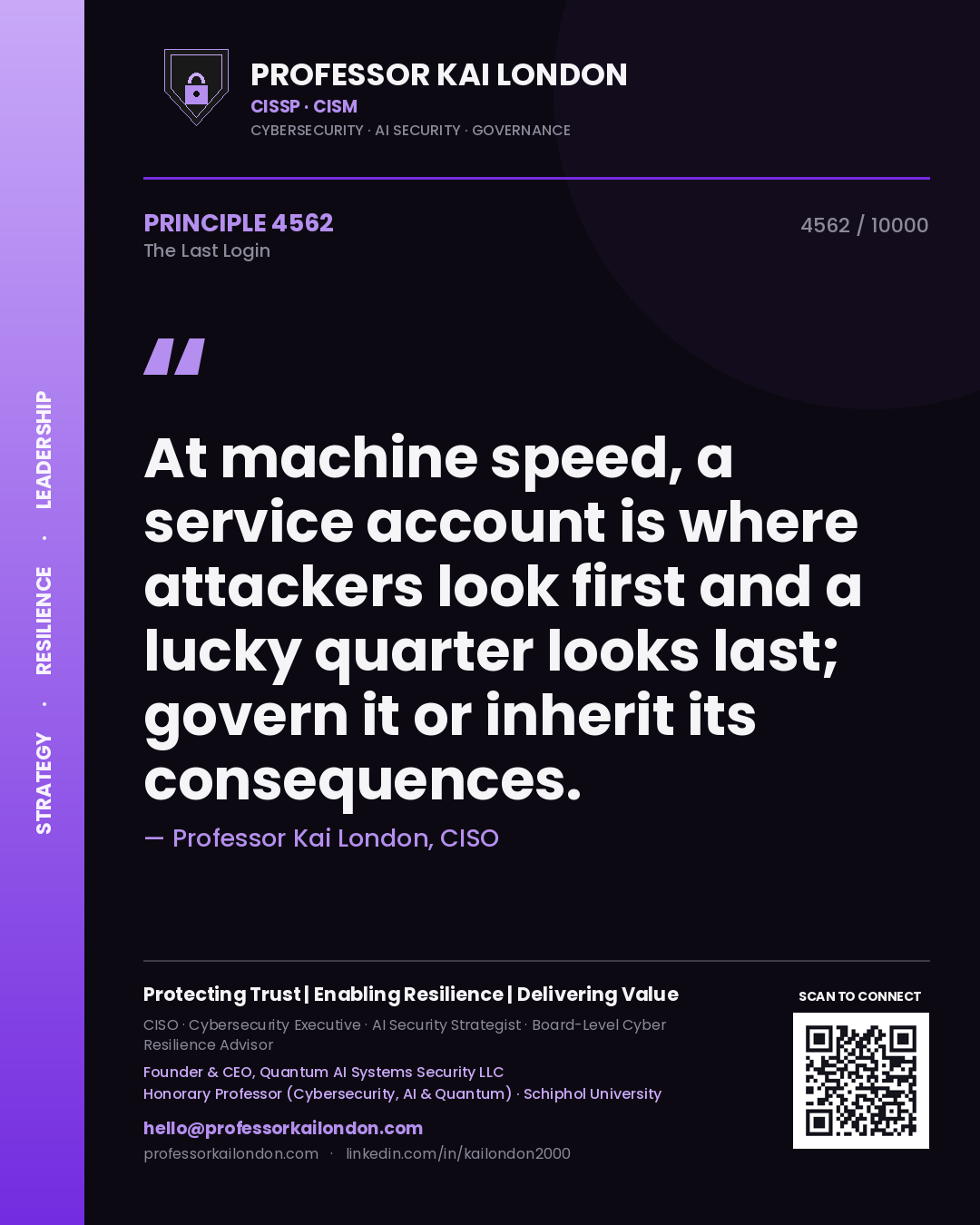 Professor Kai London principle 4562: At machine speed, a service account is where attackers look first and a lucky quarter looks last; govern it or inherit its consequences.