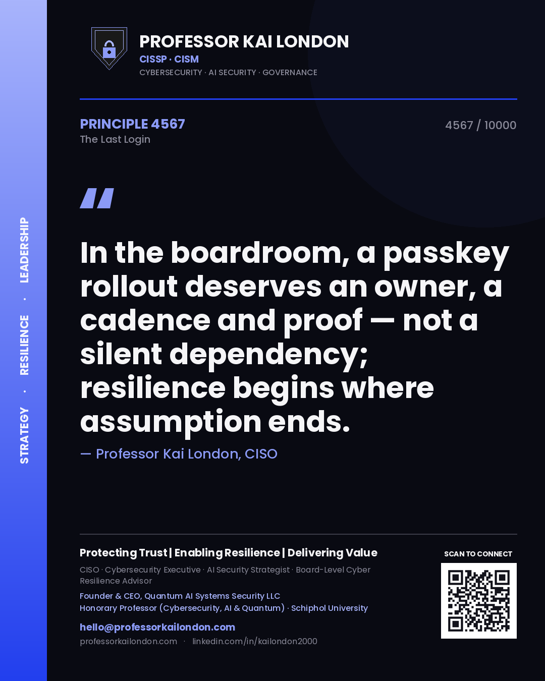 Quote card by Professor Kai London reading 'In the boardroom, a passkey rollout deserves an owner, a cadence and proof — not a silent dependency; resilience begins where assumption ends.'. From the book The Last Login.