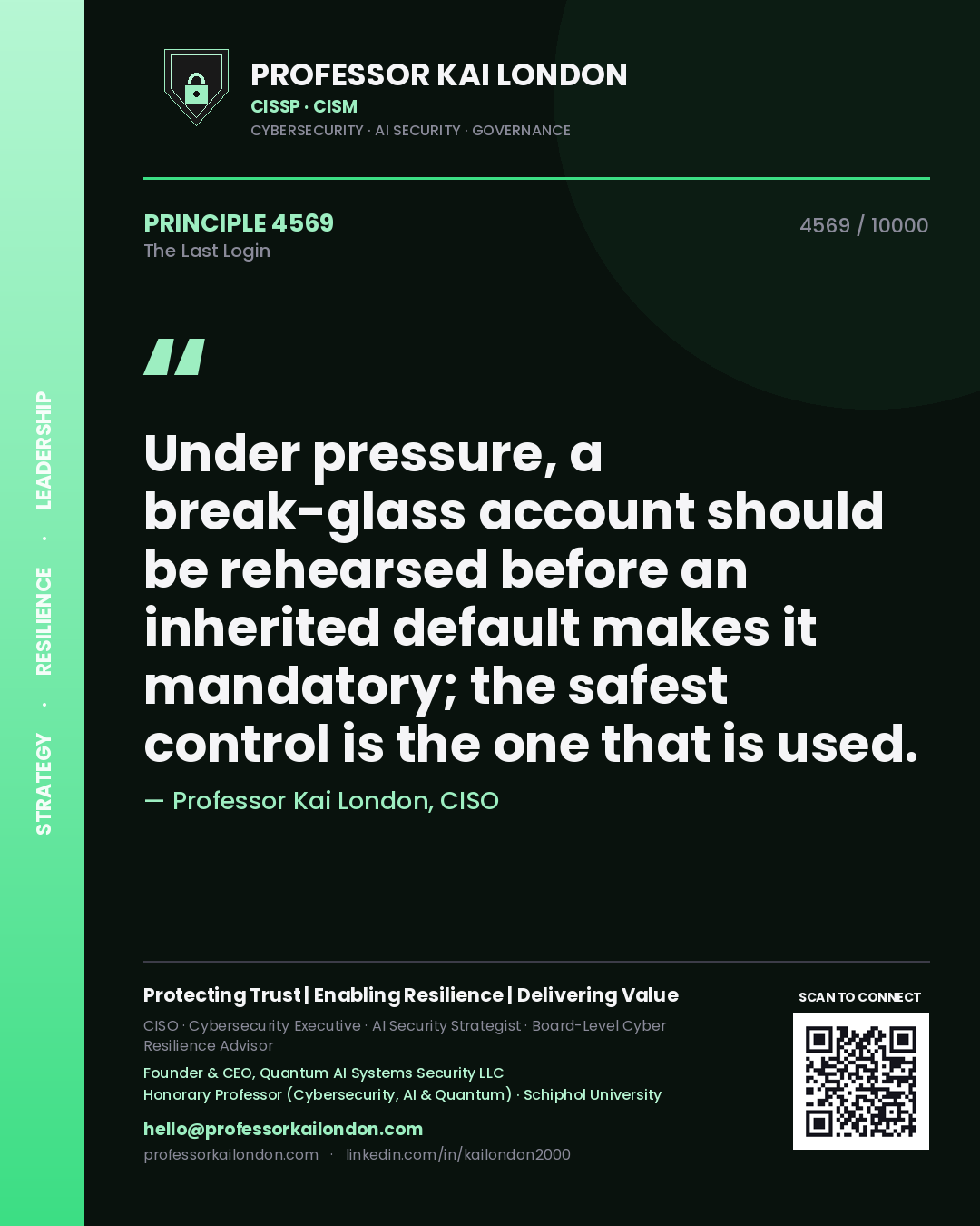 Quote card by Professor Kai London reading 'Under pressure, a break-glass account should be rehearsed before an inherited default makes it mandatory; the safest control is the one that is used.'. From the book The Last Login.