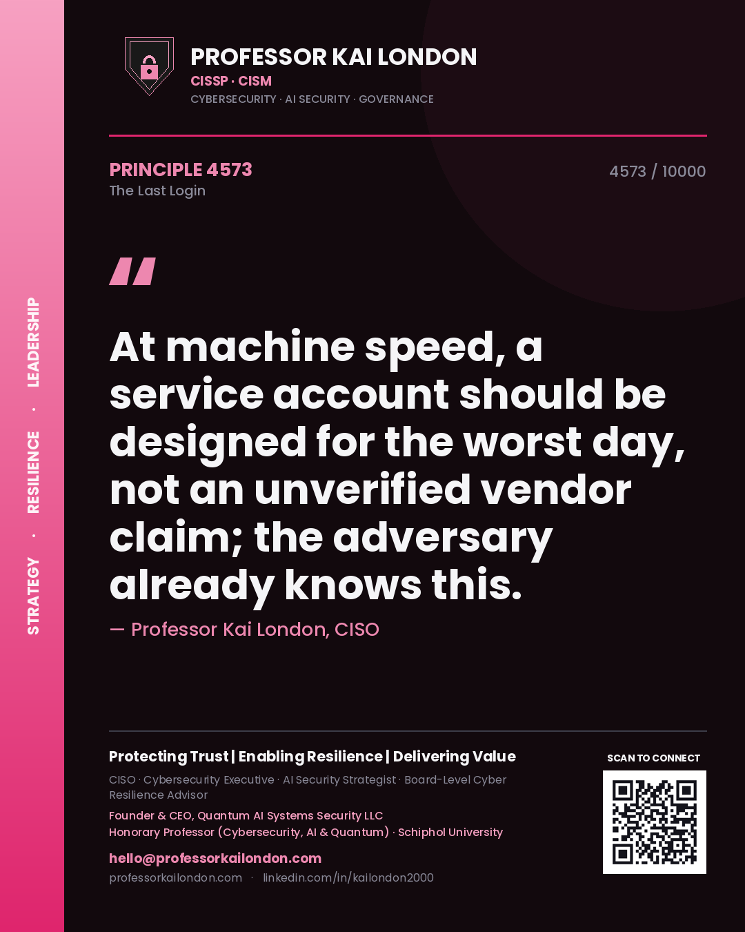Quote card by Professor Kai London reading 'At machine speed, a service account should be designed for the worst day, not an unverified vendor claim; the adversary already knows this.'. From the book The Last Login.