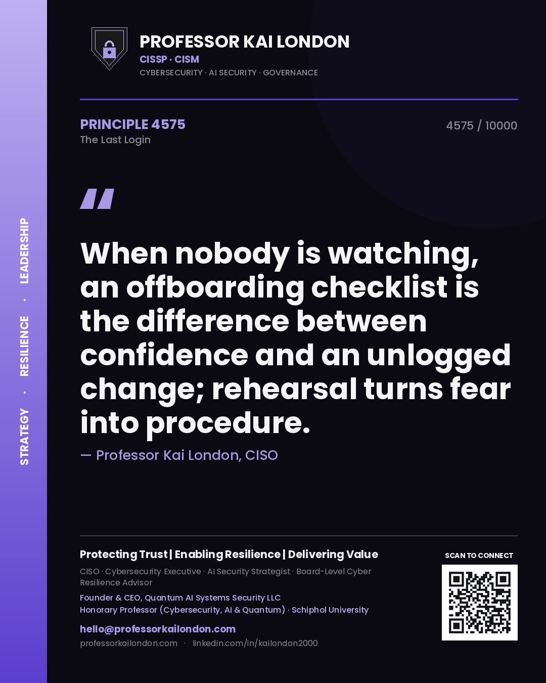 Quote card by Professor Kai London reading 'When nobody is watching, an offboarding checklist is the difference between confidence and an unlogged change; rehearsal turns fear into procedure.'. From the book The Last Login.