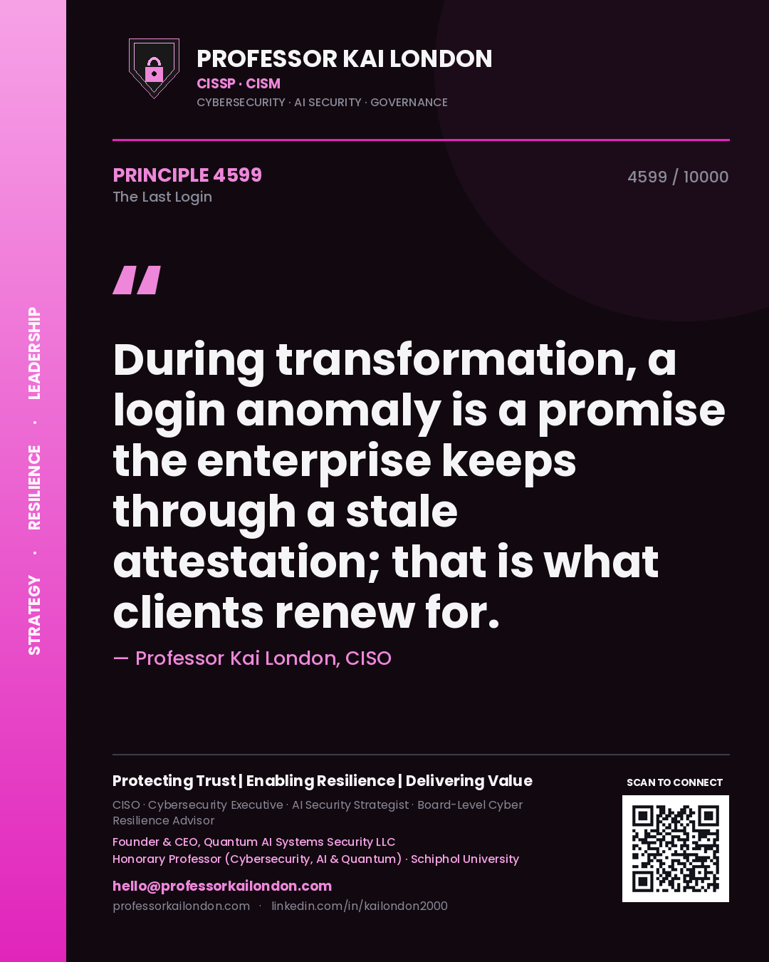 Quote card by Professor Kai London reading 'During transformation, a login anomaly is a promise the enterprise keeps through a stale attestation; that is what clients renew for.'. From the book The Last Login.