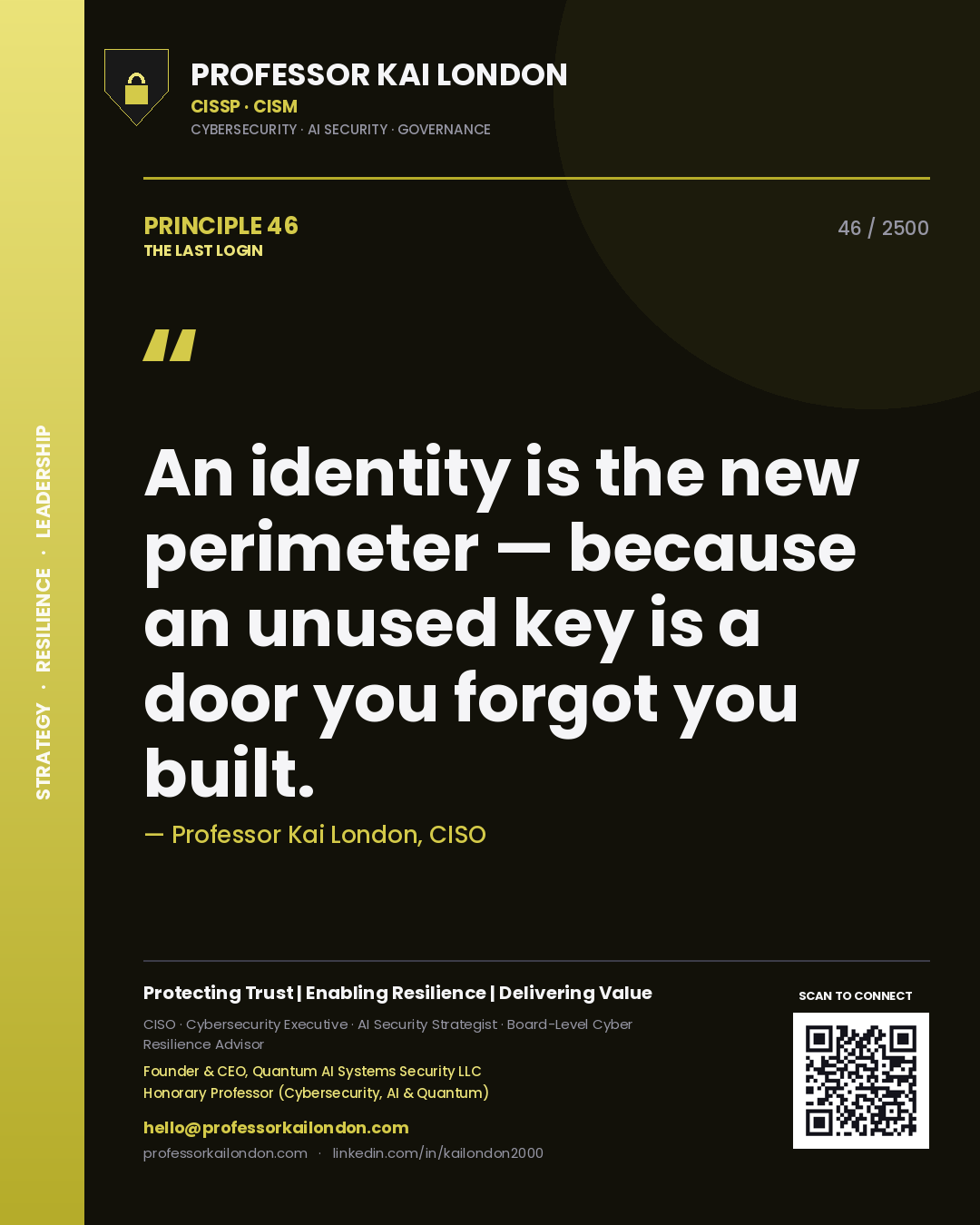 Quote card by Professor Kai London reading 'An identity is the new perimeter — because an unused key is a door you forgot you built.'. From the book The Last Login.
