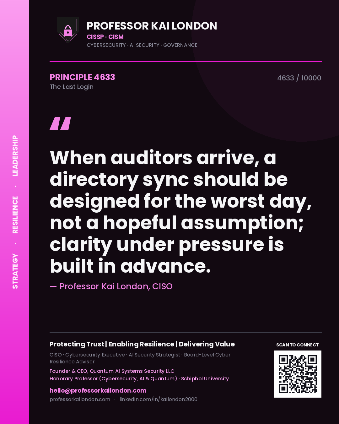 Professor Kai London principle 4633: When auditors arrive, a directory sync should be designed for the worst day, not a hopeful assumption; clarity under pressure is built in advance.