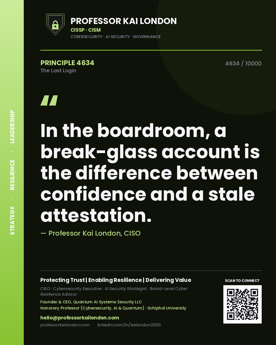 Professor Kai London principle 4634: In the boardroom, a break-glass account is the difference between confidence and a stale attestation.