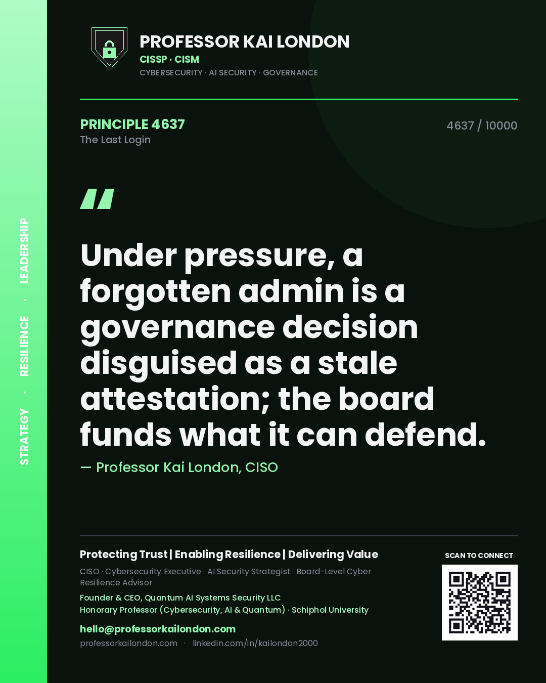 Professor Kai London principle 4637: Under pressure, a forgotten admin is a governance decision disguised as a stale attestation; the board funds what it can defend.