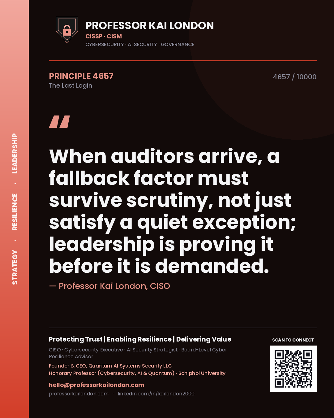 Quote card by Professor Kai London reading 'When auditors arrive, a fallback factor must survive scrutiny, not just satisfy a quiet exception; leadership is proving it before it is demanded.'. From the book The Last Login.