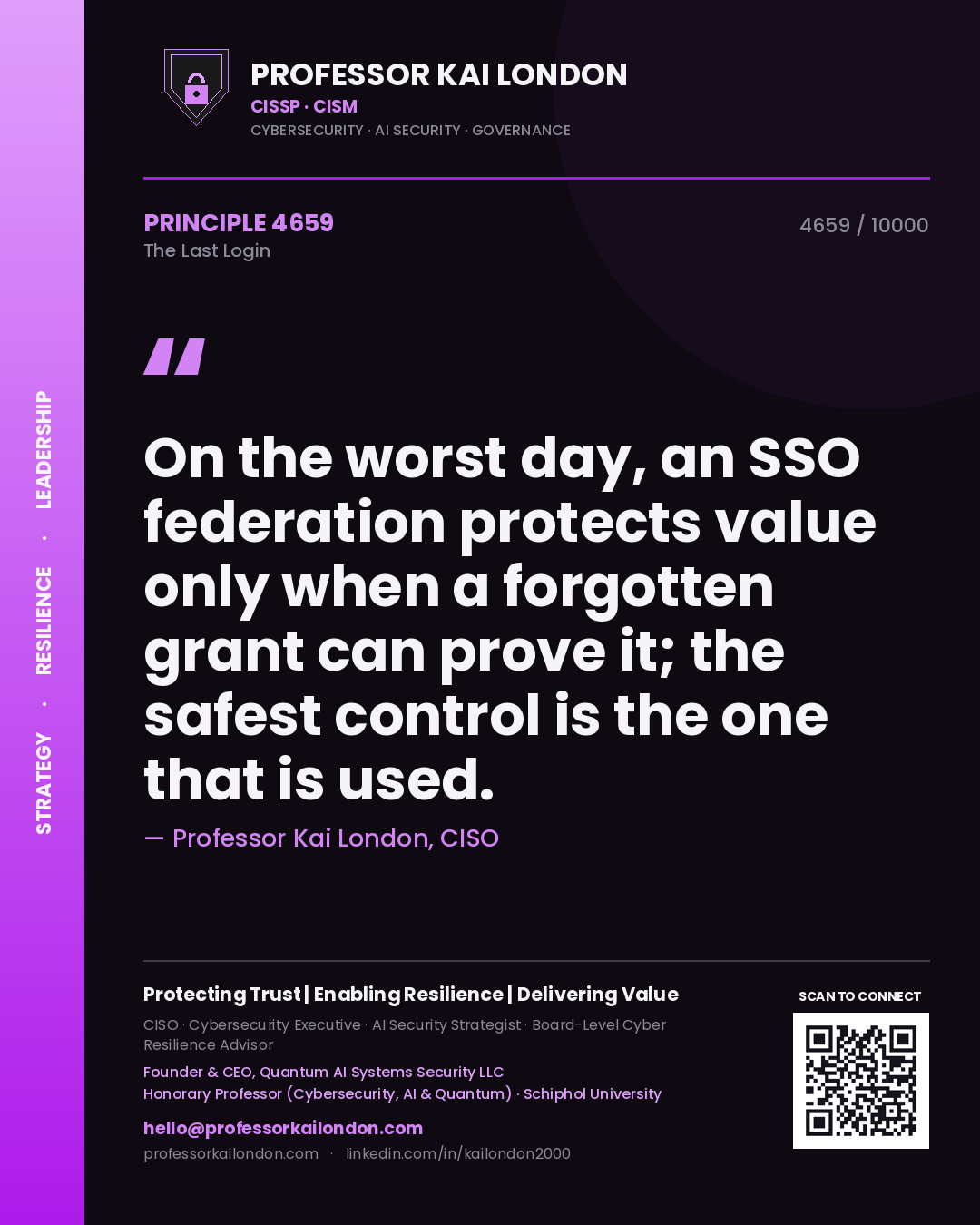 Professor Kai London principle 4659: On the worst day, an SSO federation protects value only when a forgotten grant can prove it; the safest control is the one that is used.