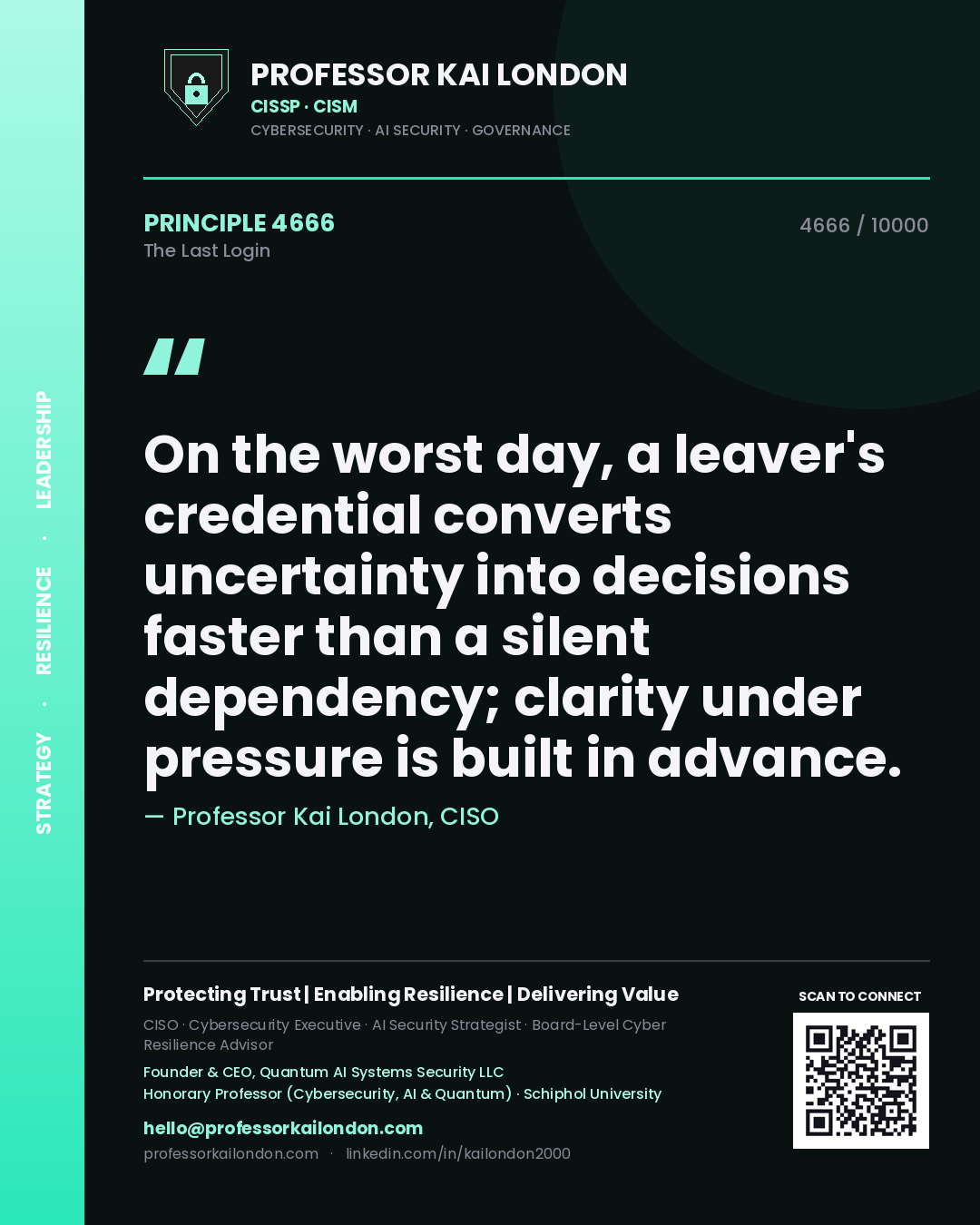 Professor Kai London principle 4666: On the worst day, a leaver's credential converts uncertainty into decisions faster than a silent dependency; clarity under pressure is built in advance.