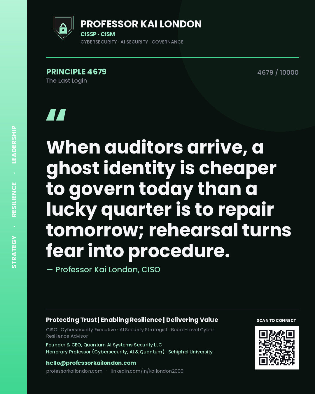 Quote card by Professor Kai London reading 'When auditors arrive, a ghost identity is cheaper to govern today than a lucky quarter is to repair tomorrow; rehearsal turns fear into procedure.'. From the book The Last Login.
