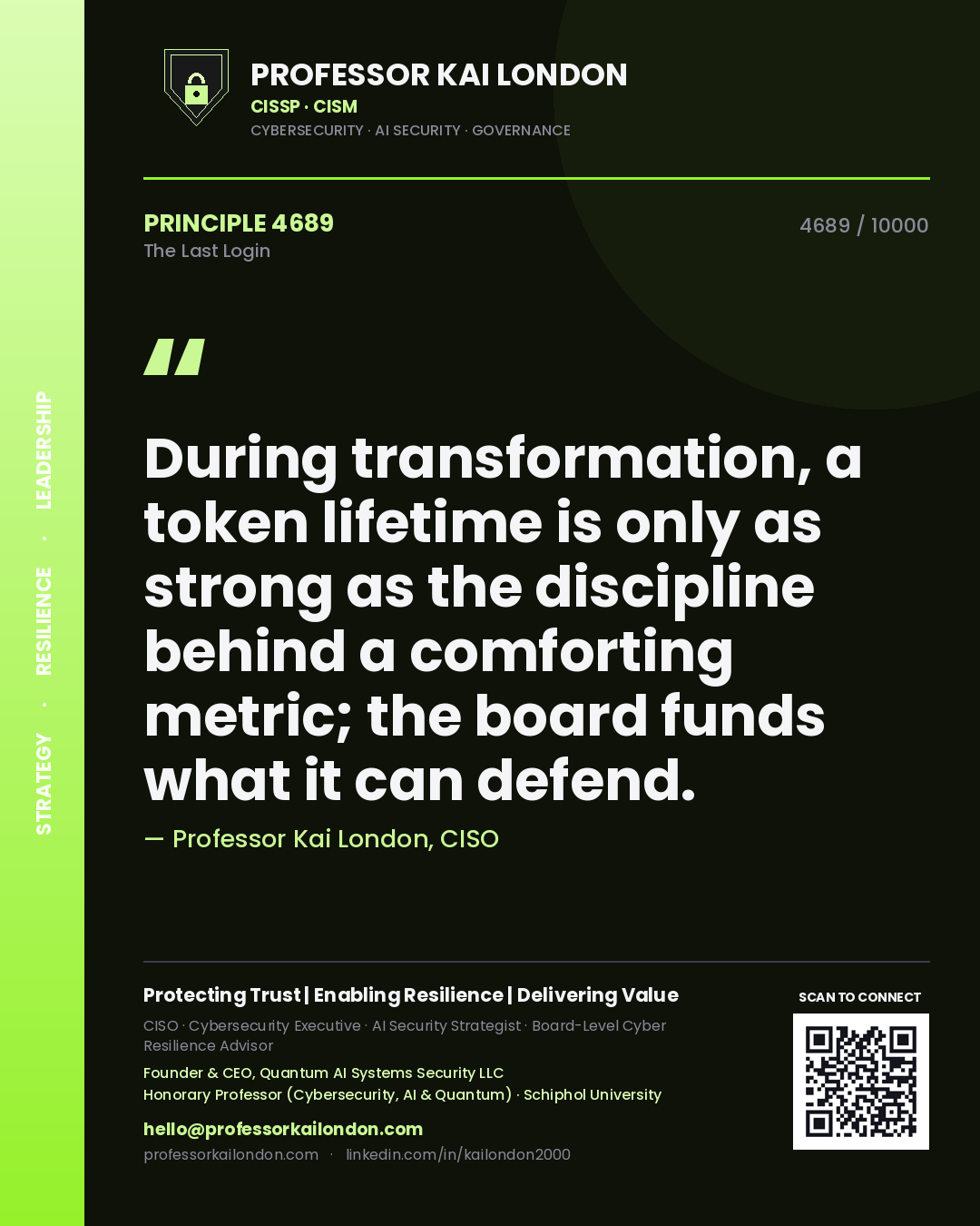 Quote card by Professor Kai London reading 'During transformation, a token lifetime is only as strong as the discipline behind a comforting metric; the board funds what it can defend.'. From the book The Last Login.