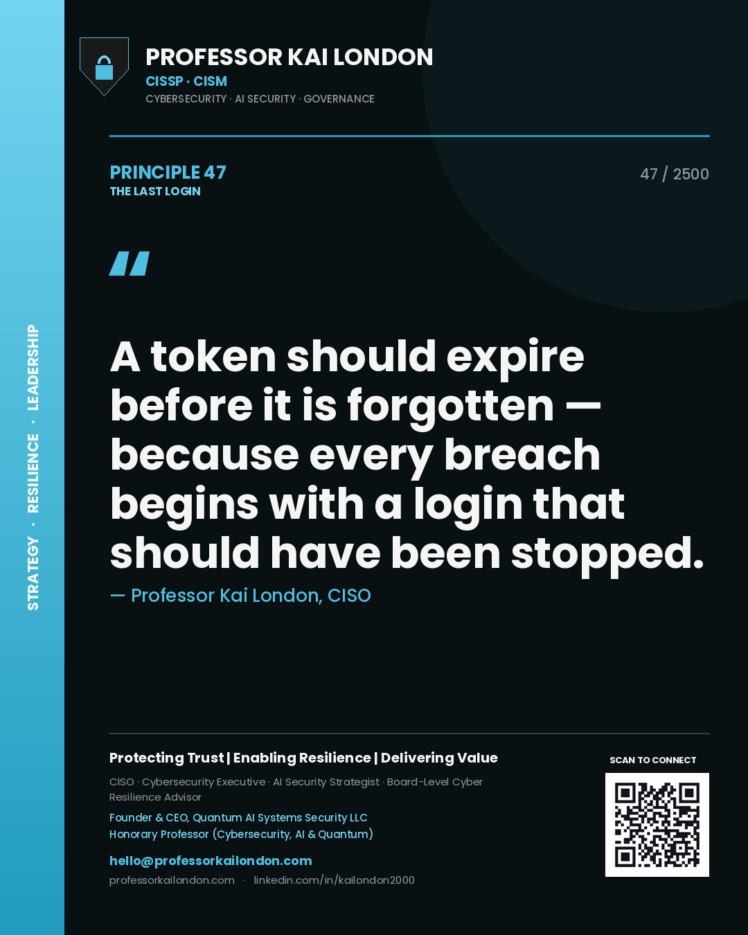 Professor Kai London principle 47: A token should expire before it is forgotten — because every breach begins with a login that should have been stopped.