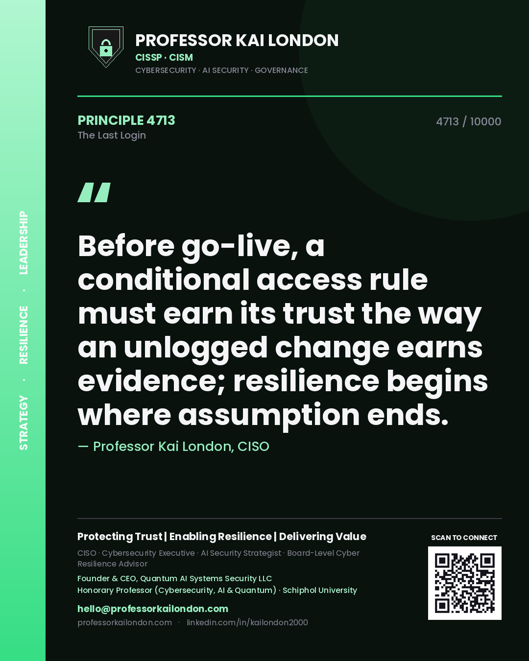 Quote card by Professor Kai London reading 'Before go-live, a conditional access rule must earn its trust the way an unlogged change earns evidence; resilience begins where assumption ends.'. From the book The Last Login.